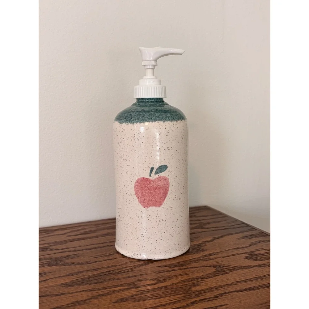 Handmade Ceramic Apple Soap Dispenser Teal Speckled Stoneware Farmhouse Decor